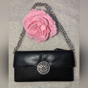 Coach Black Long Leather Converr Wallet On Chain Crossbody Clutch Silver CC Rare